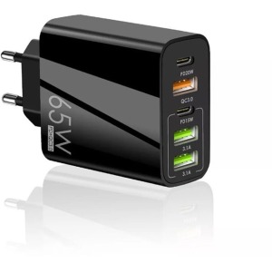 Techsuit Premium Wall Charger PentaXPower (CHC2) - 3x USB QC 3.0, 2x Type-C PD 20W, 65W, GaN, Quick Charge - Black